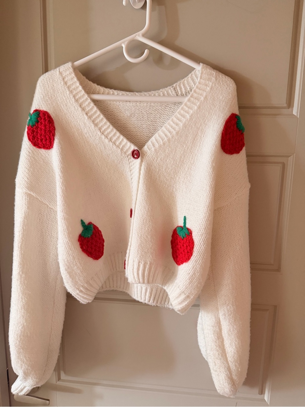 Cream Strawberry Knit Button-Up Cardigan Sweater